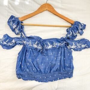 American Eagle Blue Embroidered Off Shoulder Crop Top Boho Peasant Style EUC M